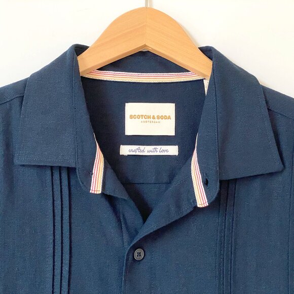 Scotch & Soda Amsterdam Mens Linen Blend Navy Button Up Shirt Sz L Short Sleeve - Picture 3 of 11